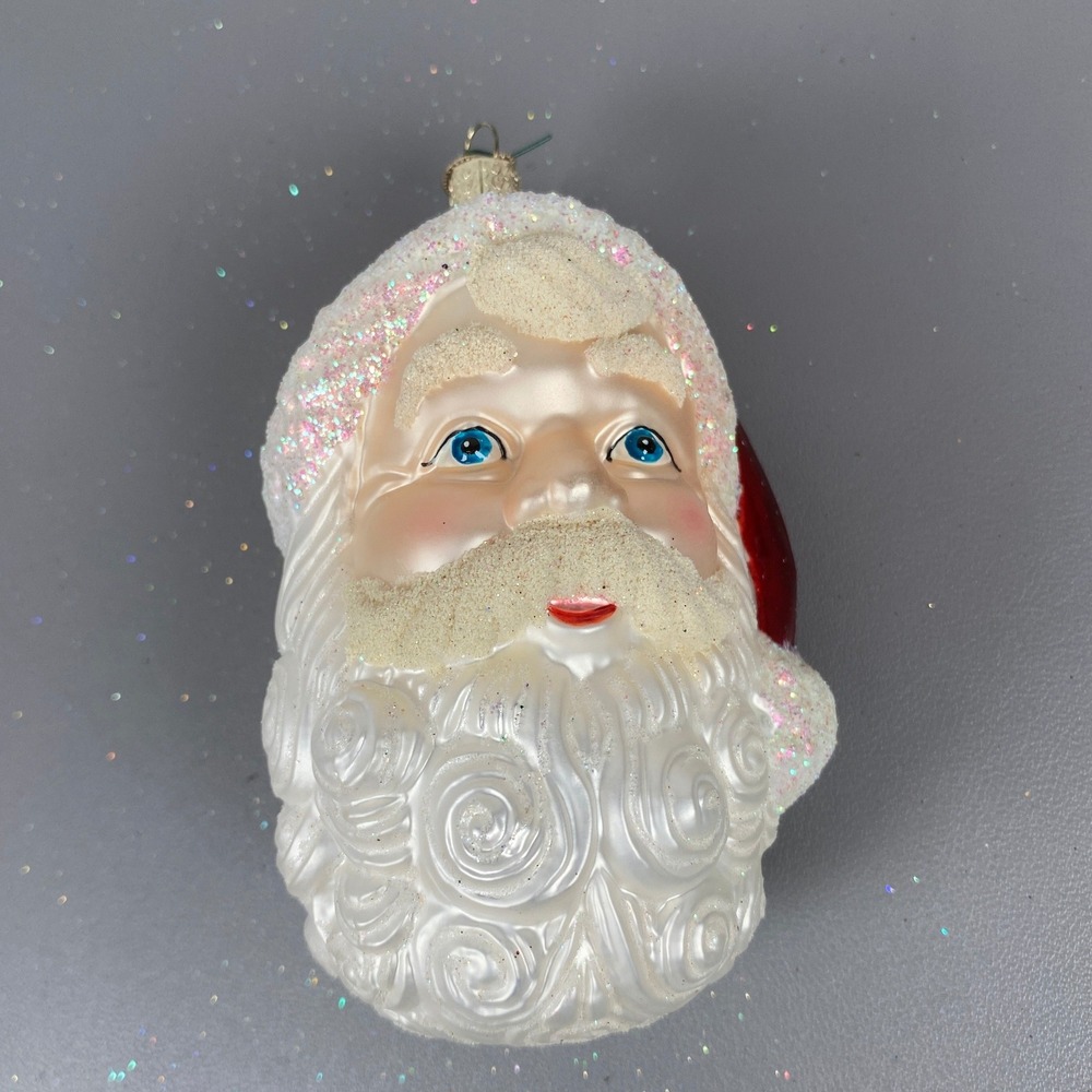 Old World Christmas Santa Claus Head Glass Ornament Red White Glitter OWC 40156